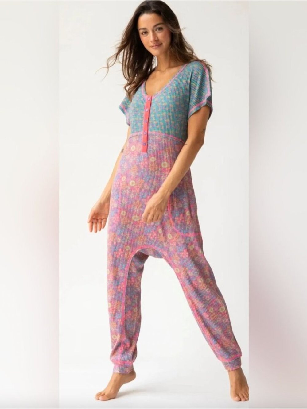 Natural Life Mix & Match Waffle Jumpsuit M Green Floral Boho Lounge Soft Colorfu - Picture 3 of 9